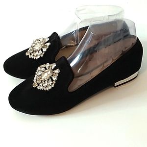 CATO Jeweled Faux Suede Velvet Black Embellished Flats Shoes